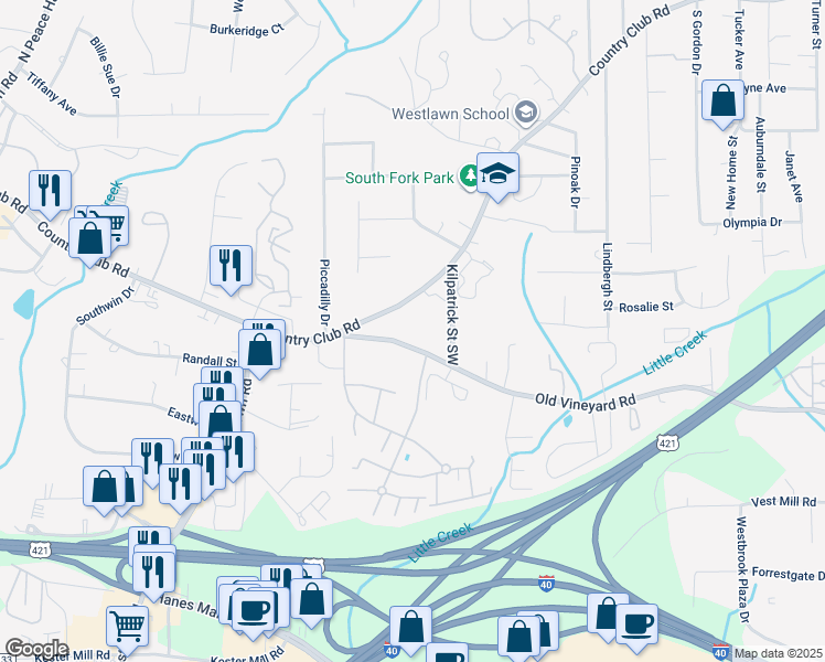 map of restaurants, bars, coffee shops, grocery stores, and more near 4105 Old Vineyard Road in Winston-Salem