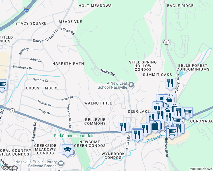 map of restaurants, bars, coffee shops, grocery stores, and more near 725 Stirrup Court in Nashville