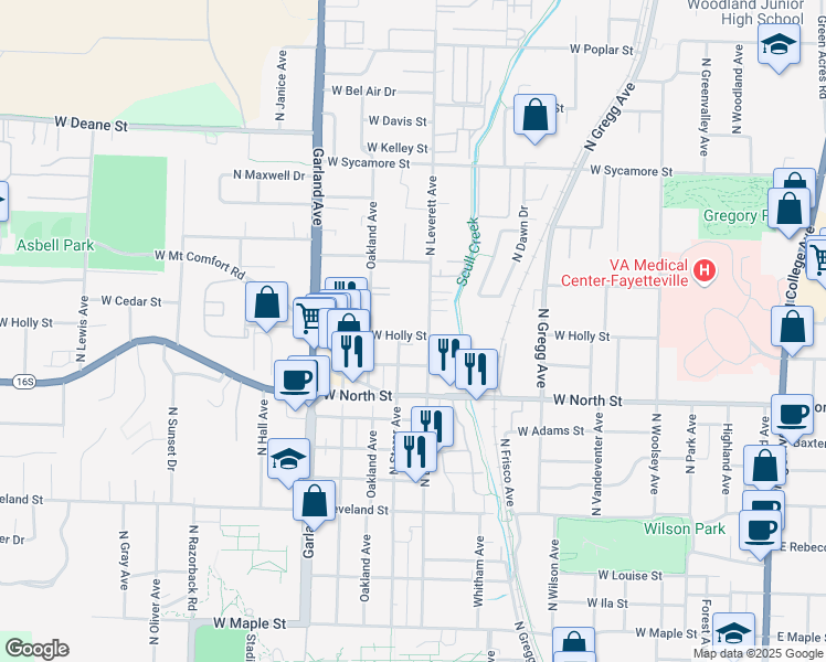 map of restaurants, bars, coffee shops, grocery stores, and more near 1305 North Leverett Avenue in Fayetteville