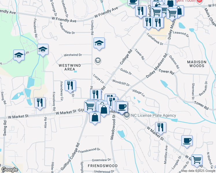 map of restaurants, bars, coffee shops, grocery stores, and more near 228 College Road in Greensboro
