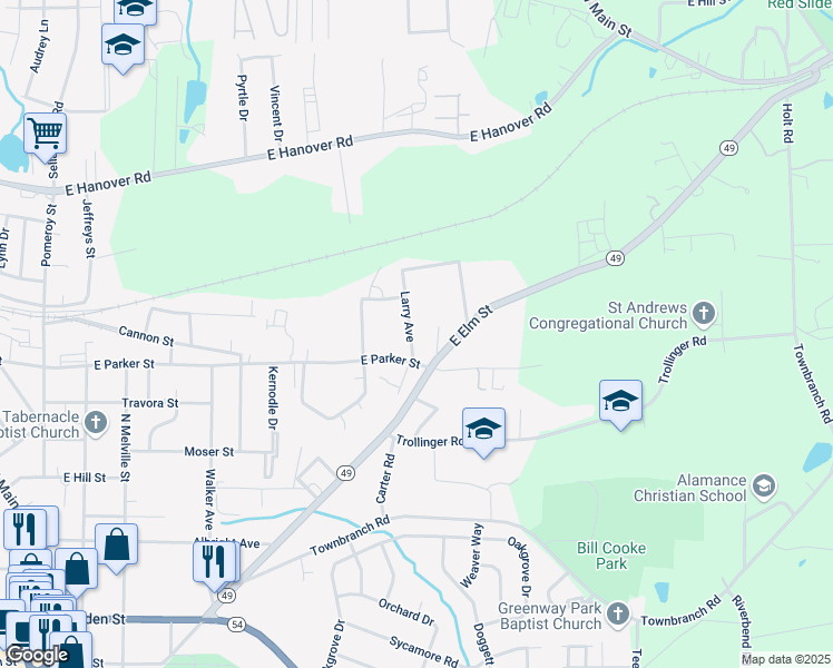 map of restaurants, bars, coffee shops, grocery stores, and more near 711 Larry Avenue in Graham