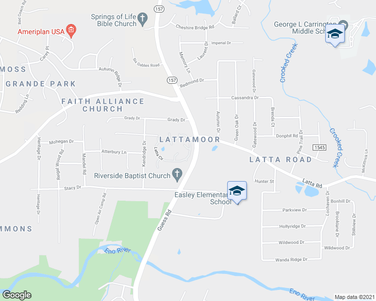 map of restaurants, bars, coffee shops, grocery stores, and more near 709 Latta Circle in Durham