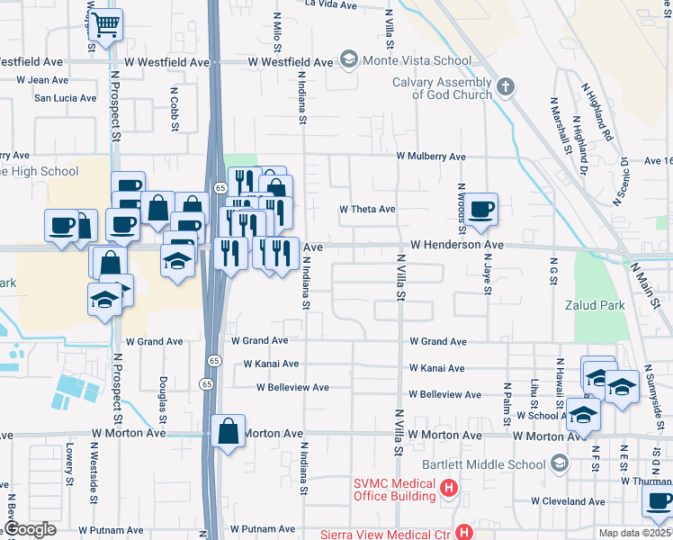 map of restaurants, bars, coffee shops, grocery stores, and more near 741 Dexter Avenue in Porterville