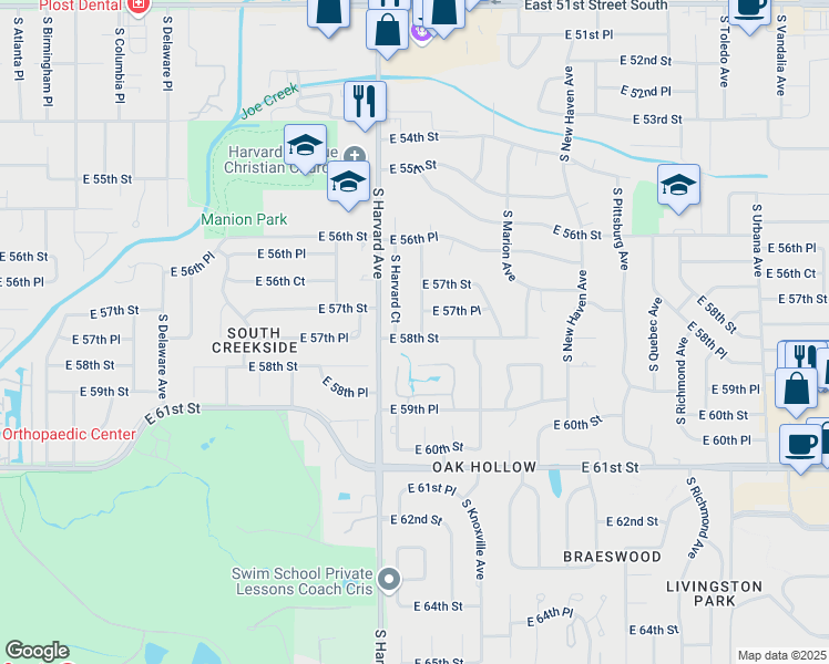 map of restaurants, bars, coffee shops, grocery stores, and more near 5746 South Indianapolis Avenue in Tulsa
