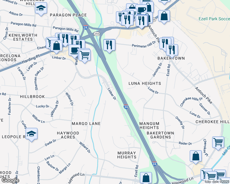 map of restaurants, bars, coffee shops, grocery stores, and more near 5174 Linbar Drive in Nashville