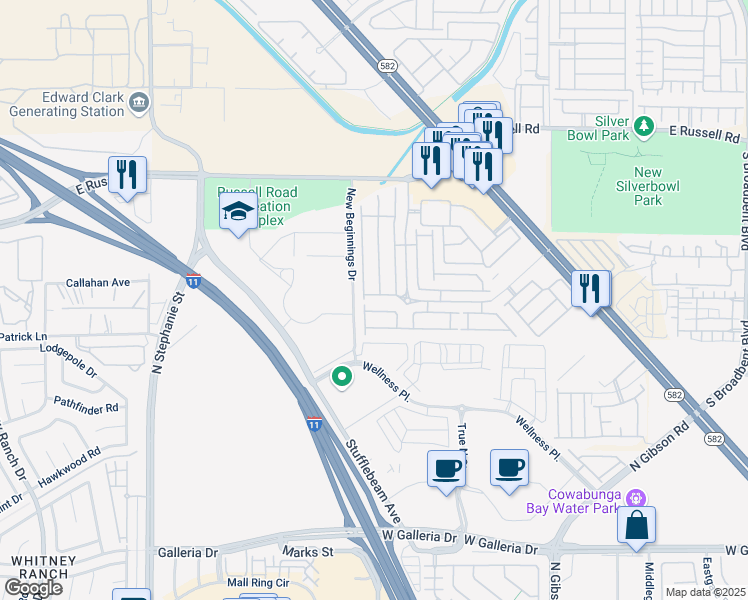 map of restaurants, bars, coffee shops, grocery stores, and more near 6233 Overhang Avenue in Henderson