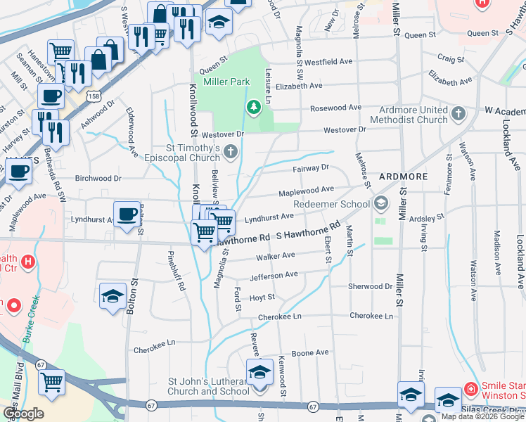 map of restaurants, bars, coffee shops, grocery stores, and more near 2451 Lyndhurst Avenue in Winston-Salem