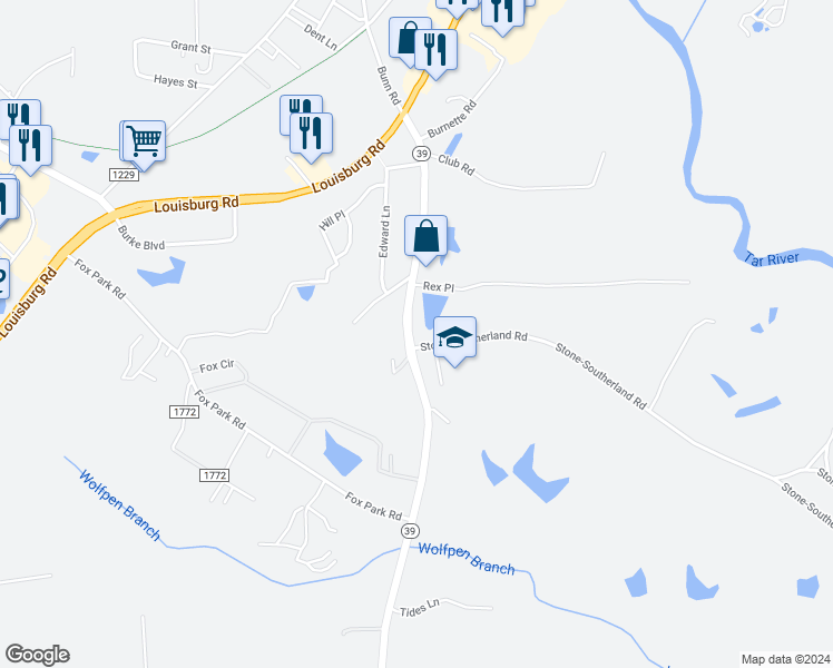 map of restaurants, bars, coffee shops, grocery stores, and more near 717 North Carolina 39 in Louisburg