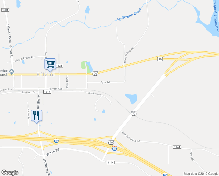 map of restaurants, bars, coffee shops, grocery stores, and more near 3004 Gym Rd in Efland