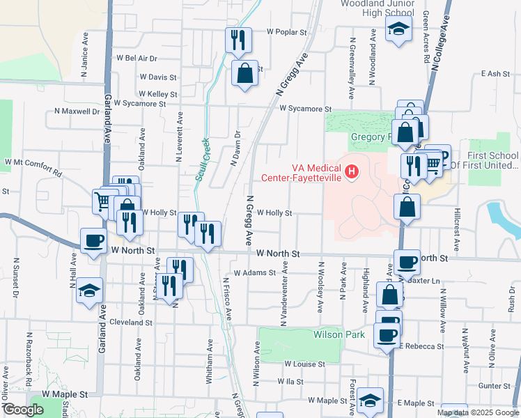 map of restaurants, bars, coffee shops, grocery stores, and more near 510 West Holly Street in Fayetteville