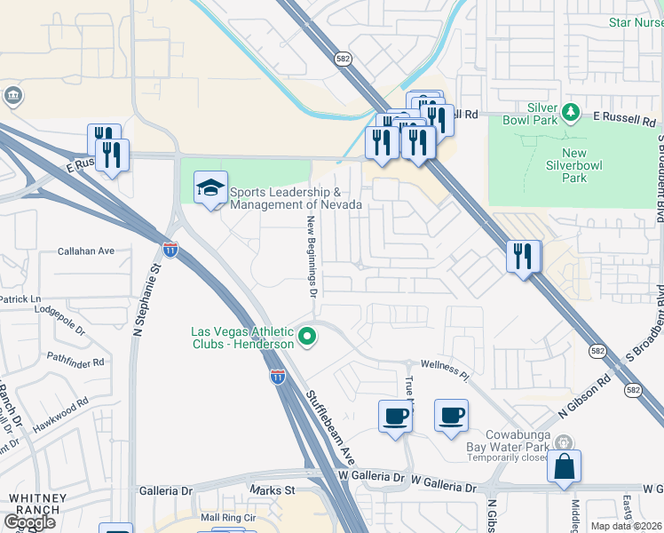 map of restaurants, bars, coffee shops, grocery stores, and more near 6233 Overhang Avenue in Henderson