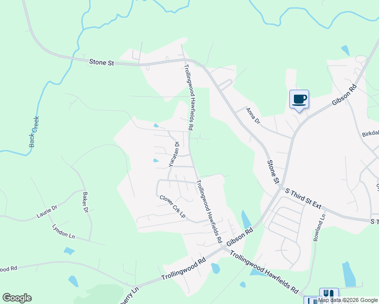 map of restaurants, bars, coffee shops, grocery stores, and more near 847 Trollingwood Hawfields Road in Mebane