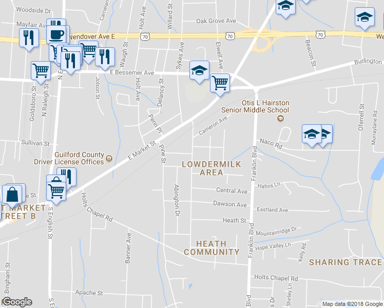 map of restaurants, bars, coffee shops, grocery stores, and more near 3736 Greensboro Street in Greensboro