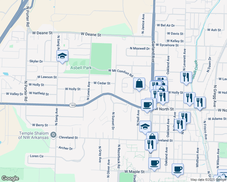 map of restaurants, bars, coffee shops, grocery stores, and more near 1225 North Stephens Avenue in Fayetteville