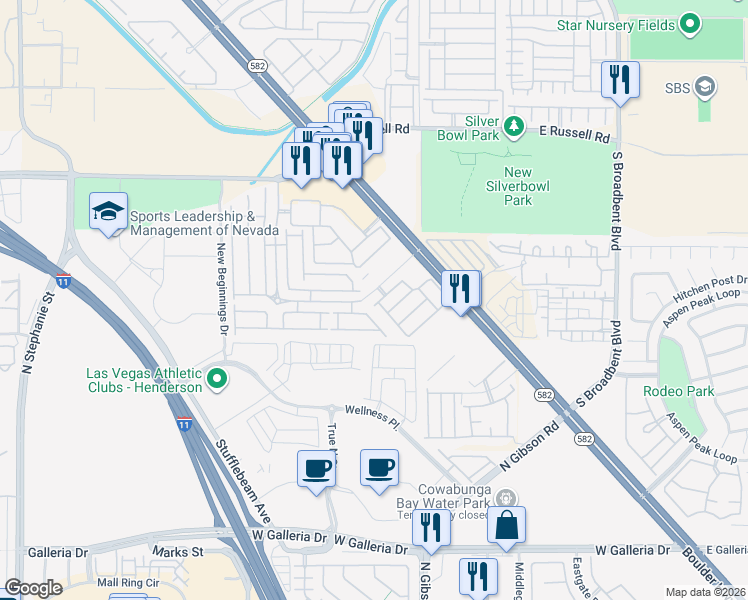 map of restaurants, bars, coffee shops, grocery stores, and more near 6024 Mustang Breeze Trail in Henderson