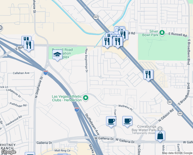 map of restaurants, bars, coffee shops, grocery stores, and more near 6233 Overhang Avenue in Henderson