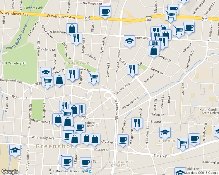 map of restaurants, bars, coffee shops, grocery stores, and more near 501 Heritage Place in Greensboro