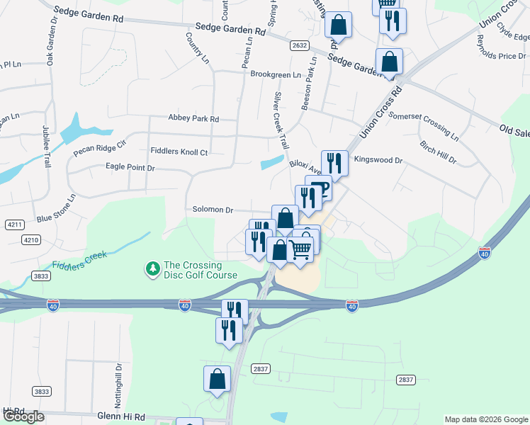 map of restaurants, bars, coffee shops, grocery stores, and more near 1075 Solomon Drive in Kernersville