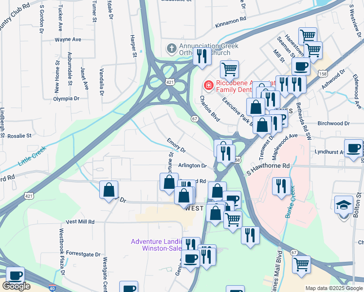 map of restaurants, bars, coffee shops, grocery stores, and more near 3243 Emory Drive in Winston-Salem