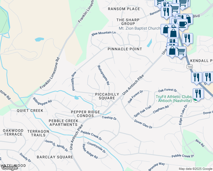 map of restaurants, bars, coffee shops, grocery stores, and more near 121 Elizabeths Court in Nashville