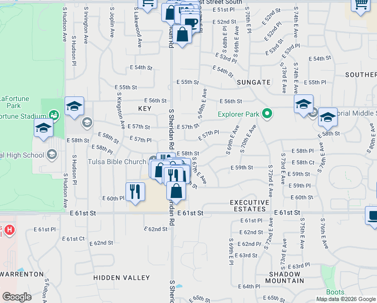 map of restaurants, bars, coffee shops, grocery stores, and more near 6539 East 58th Street in Tulsa