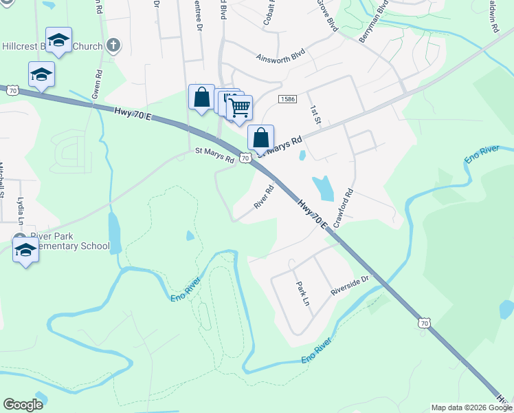 map of restaurants, bars, coffee shops, grocery stores, and more near River Road in Hillsborough