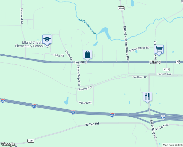 map of restaurants, bars, coffee shops, grocery stores, and more near 3705 Forrest Avenue in Efland