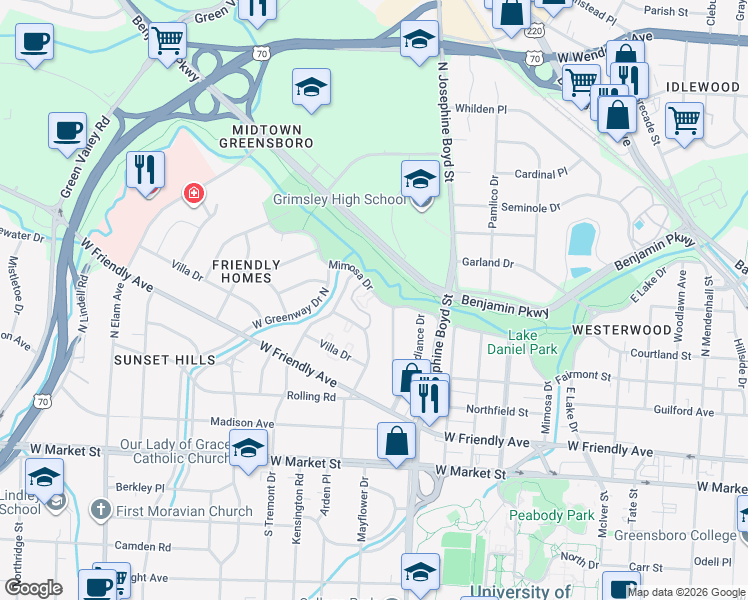 map of restaurants, bars, coffee shops, grocery stores, and more near 1807 Mimosa Drive in Greensboro
