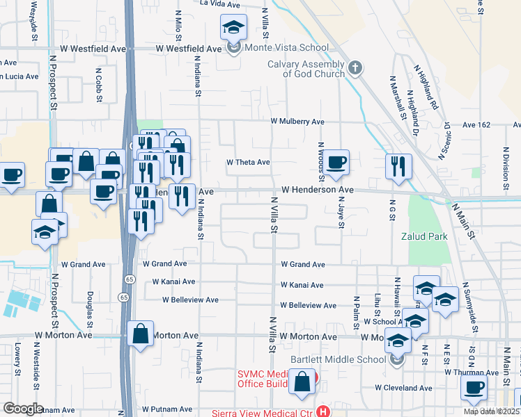 map of restaurants, bars, coffee shops, grocery stores, and more near 631 Dexter Avenue in Porterville
