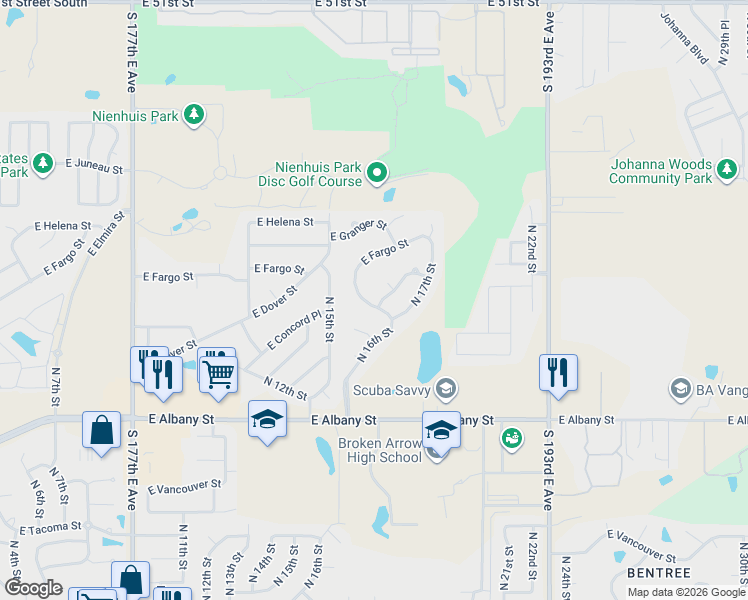 map of restaurants, bars, coffee shops, grocery stores, and more near 2707 North 16th Street in Broken Arrow
