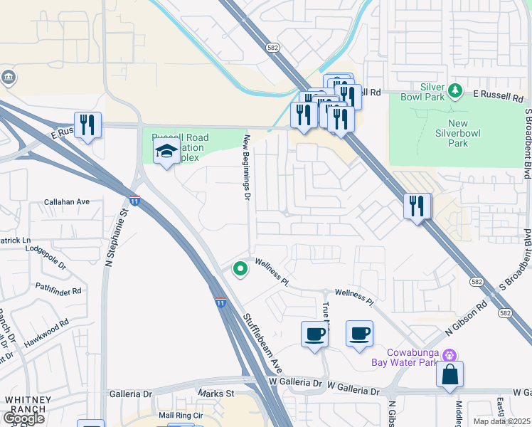 map of restaurants, bars, coffee shops, grocery stores, and more near 6241 Overhang Avenue in Henderson
