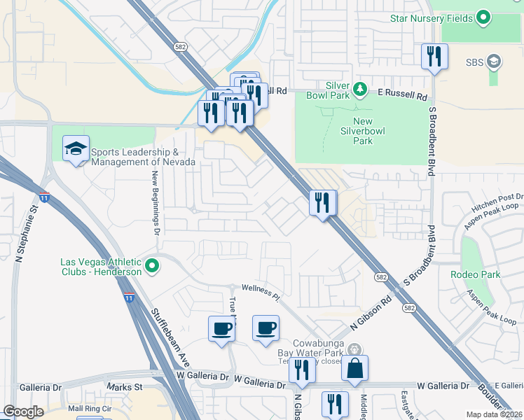 map of restaurants, bars, coffee shops, grocery stores, and more near 6024 Mustang Breeze Trail in Henderson