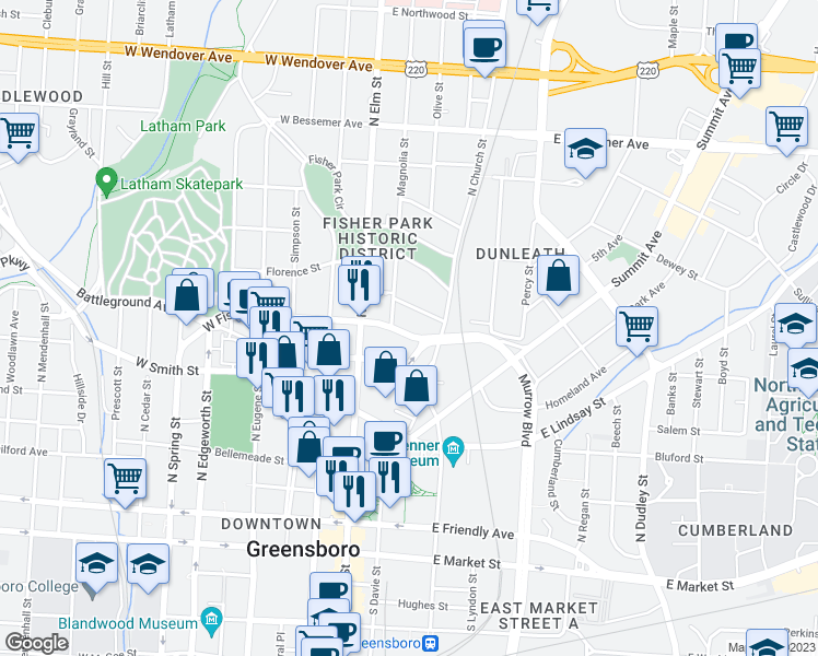 map of restaurants, bars, coffee shops, grocery stores, and more near 129 East Fisher Avenue in Greensboro