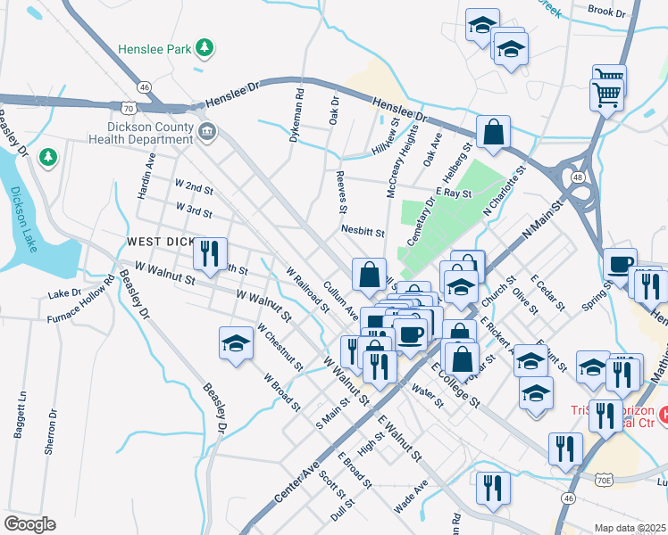 map of restaurants, bars, coffee shops, grocery stores, and more near 408 West College Street in Dickson
