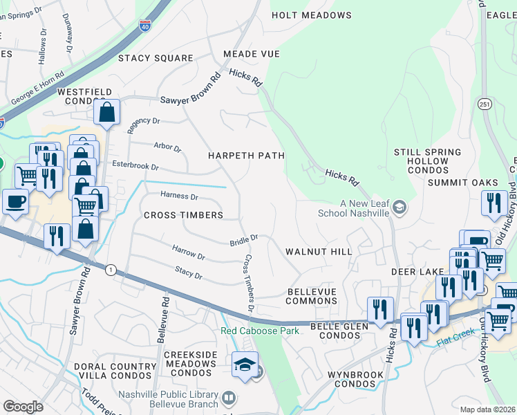 map of restaurants, bars, coffee shops, grocery stores, and more near 480 Saddle Drive in Nashville