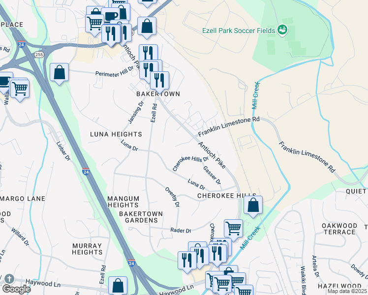 map of restaurants, bars, coffee shops, grocery stores, and more near 117 Cherokee Ct in Nashville