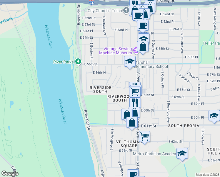 map of restaurants, bars, coffee shops, grocery stores, and more near 5726 South Madison Place in Tulsa