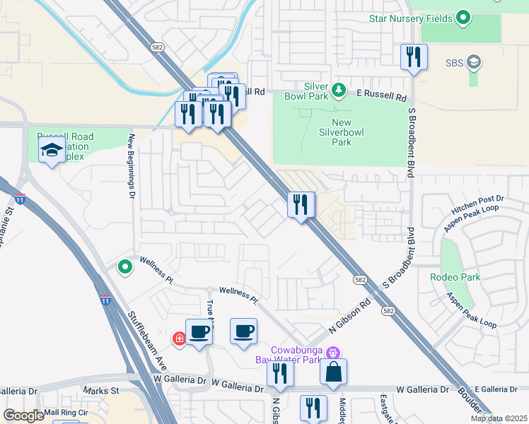 map of restaurants, bars, coffee shops, grocery stores, and more near 6573 Horseshoe Bar Lane in Henderson