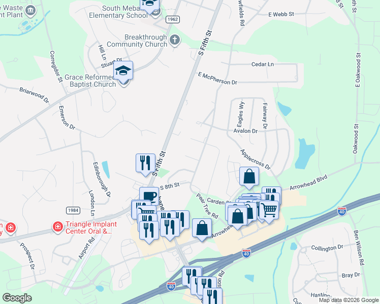 map of restaurants, bars, coffee shops, grocery stores, and more near 303 Buckingham Drive in Mebane