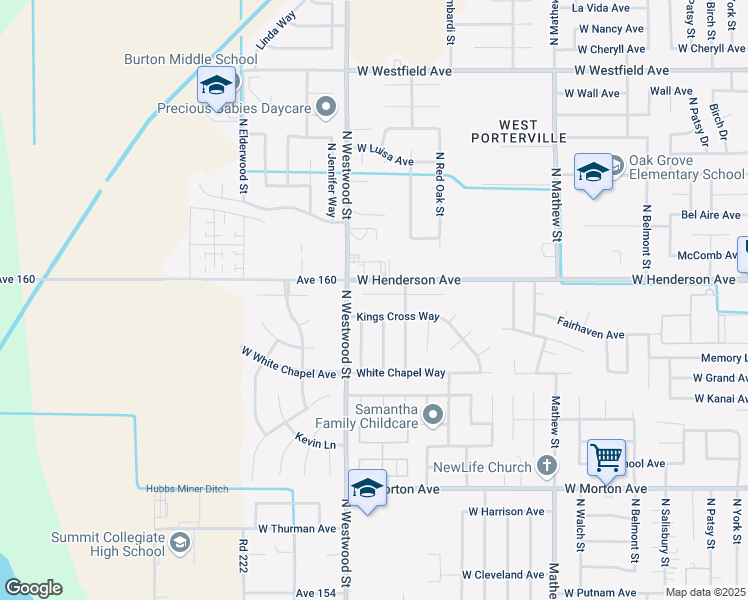 map of restaurants, bars, coffee shops, grocery stores, and more near 2281 West Cricklewood Court in Porterville