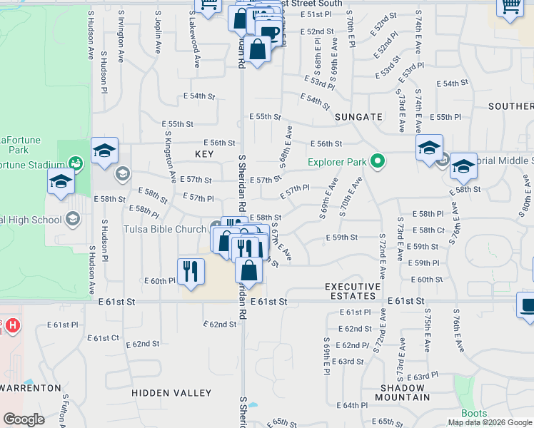 map of restaurants, bars, coffee shops, grocery stores, and more near 6539 East 58th Street in Tulsa