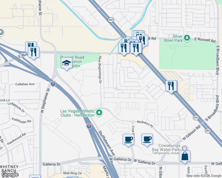 map of restaurants, bars, coffee shops, grocery stores, and more near 6233 Overhang Avenue in Henderson