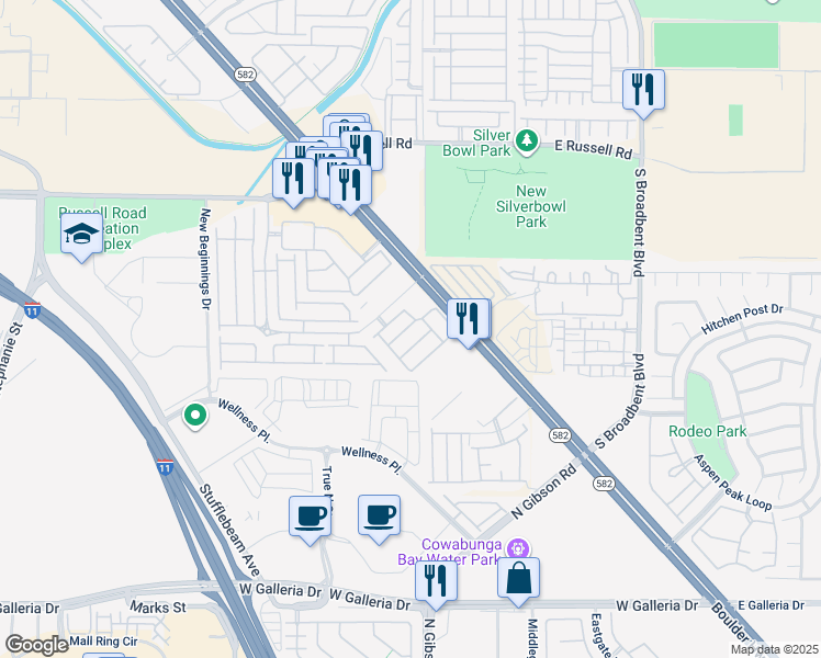 map of restaurants, bars, coffee shops, grocery stores, and more near 6573 Horseshoe Bar Lane in Henderson