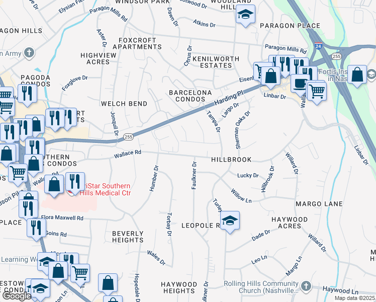 map of restaurants, bars, coffee shops, grocery stores, and more near 282 Wallace Road in Nashville