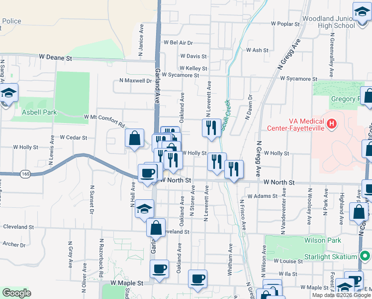 map of restaurants, bars, coffee shops, grocery stores, and more near 941 West Holly Street in Fayetteville