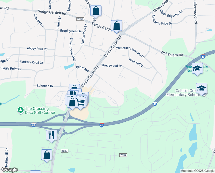 map of restaurants, bars, coffee shops, grocery stores, and more near 1130 Kenosha Drive in Kernersville