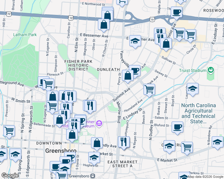 map of restaurants, bars, coffee shops, grocery stores, and more near 501 Heritage Place in Greensboro