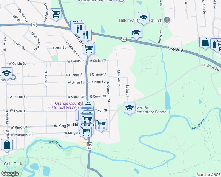 map of restaurants, bars, coffee shops, grocery stores, and more near 310 North Cameron Street in Hillsborough
