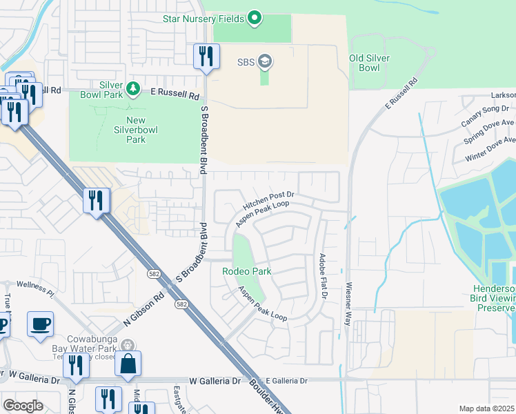 map of restaurants, bars, coffee shops, grocery stores, and more near 709 Hitchen Post Drive in Henderson