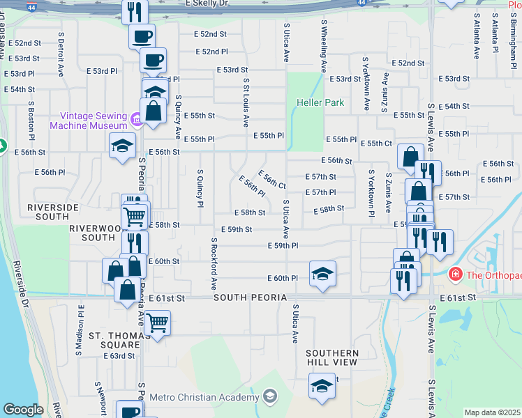 map of restaurants, bars, coffee shops, grocery stores, and more near 1565 East 58th Street in Tulsa